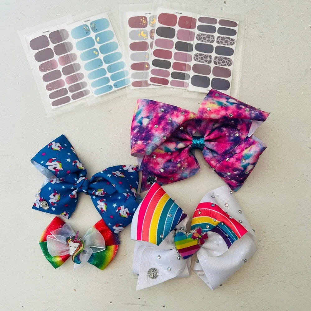 JoJo Siwa Hair Bow Bundle with Galaxy Rainbow Unicorn Designs & Nail Wraps